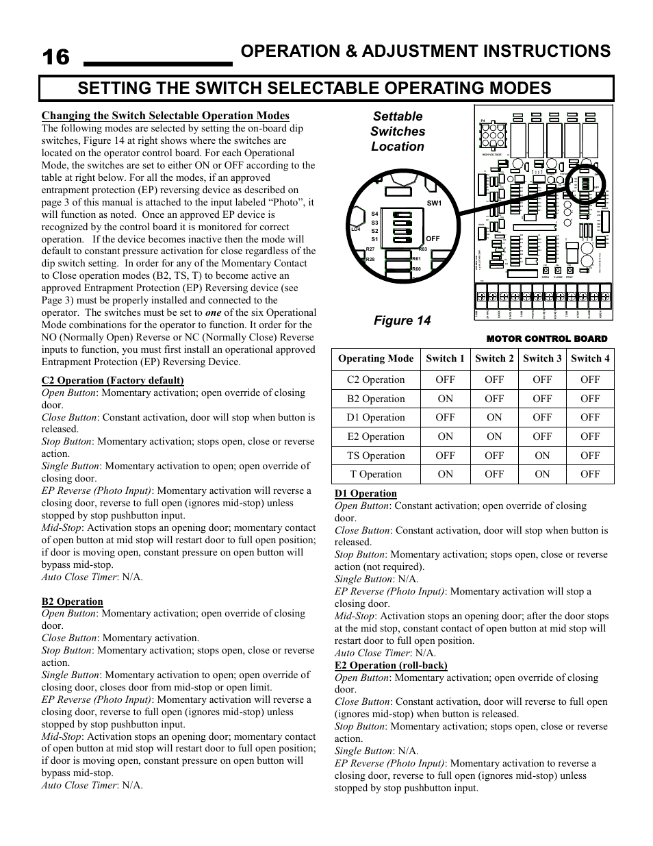 Setting the switch selectable operating modes, Operation & adjustment instructions, Figure 14 settable switches location | Changing the switch selectable operation modes, Motor control board, High voltage o pe n, Stop close open | Linear J-S User Manual | Page 16 / 26