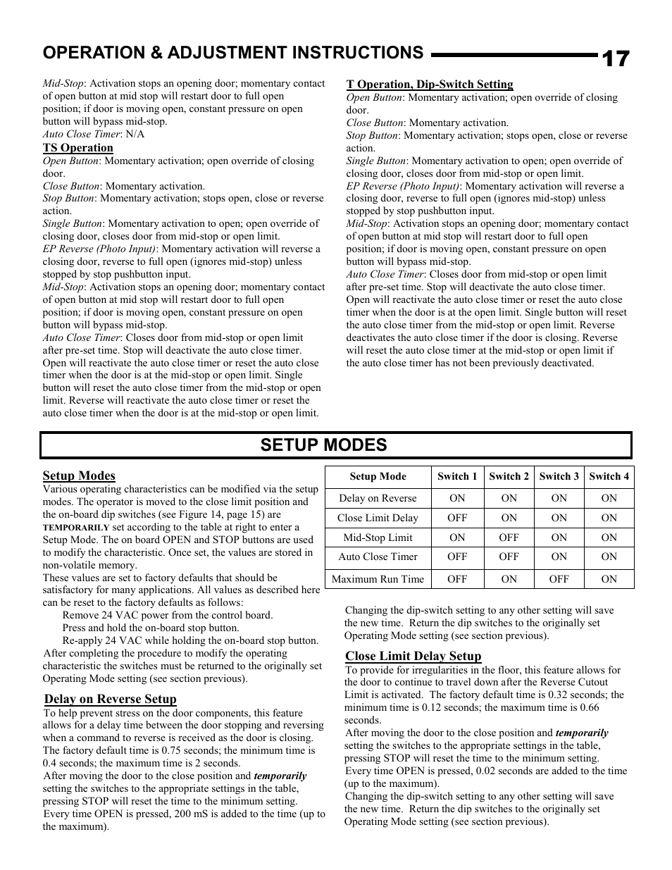 Setup modes, Operation & adjustment instructions | Linear J-S User Manual | Page 17 / 26