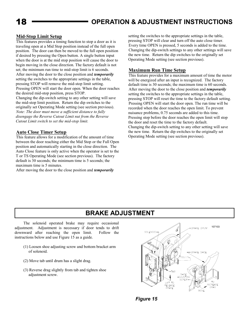 Brake adjustment, Operation & adjustment instructions | Linear J-S User Manual | Page 18 / 26