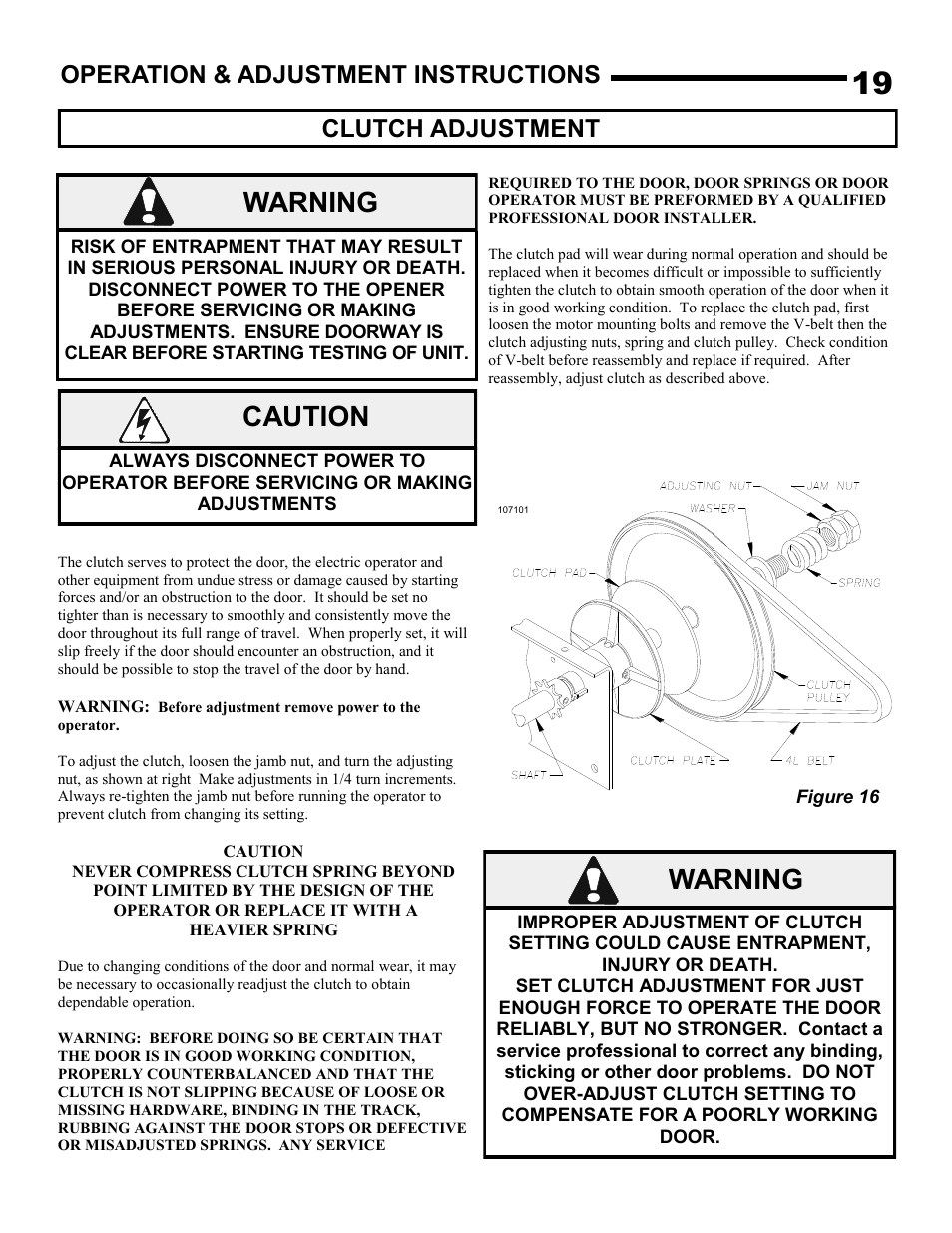 Warning, Caution, Clutch adjustment | Operation & adjustment instructions | Linear J-S User Manual | Page 19 / 26