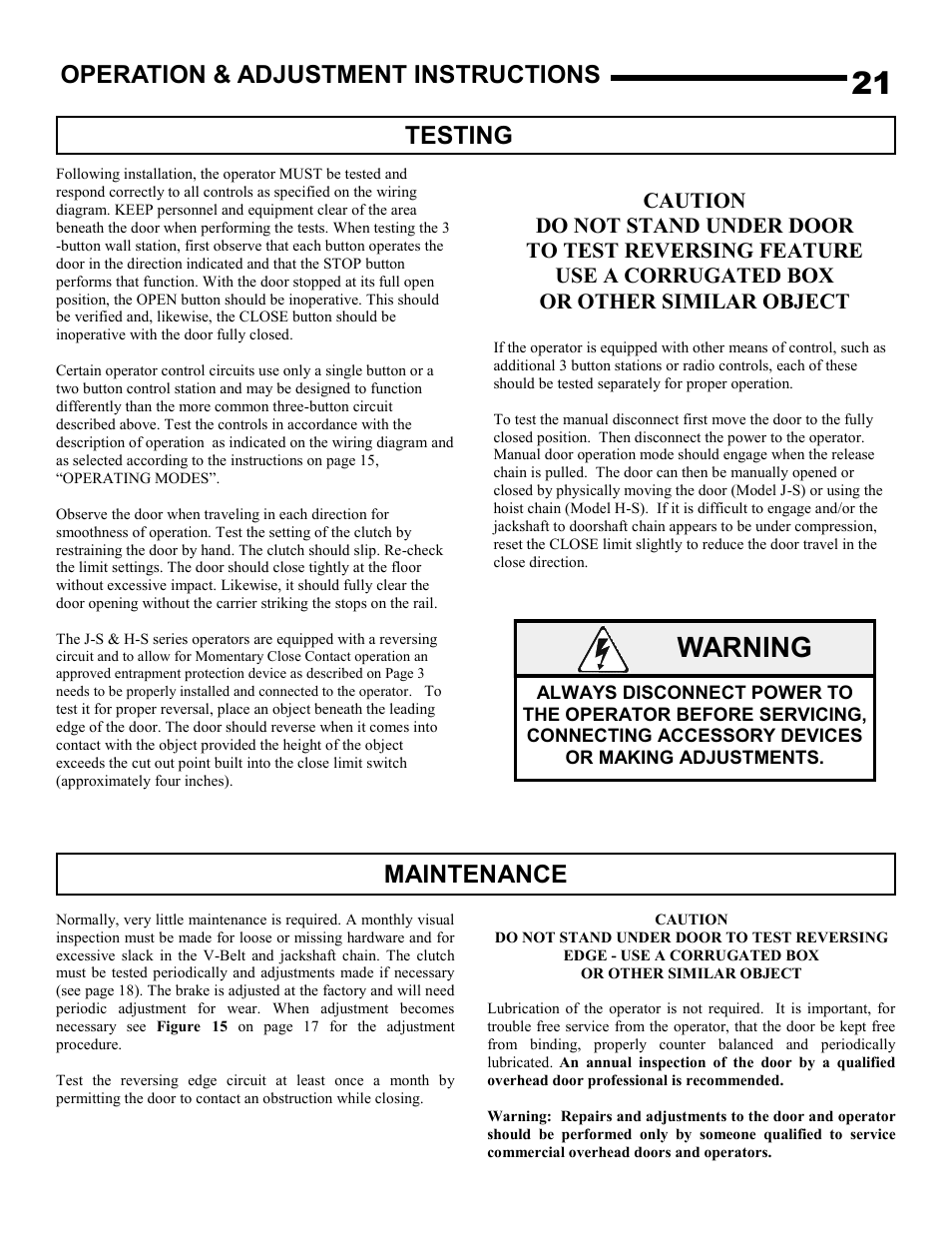 Warning, Testing, Maintenance operation & adjustment instructions | Linear J-S User Manual | Page 21 / 26