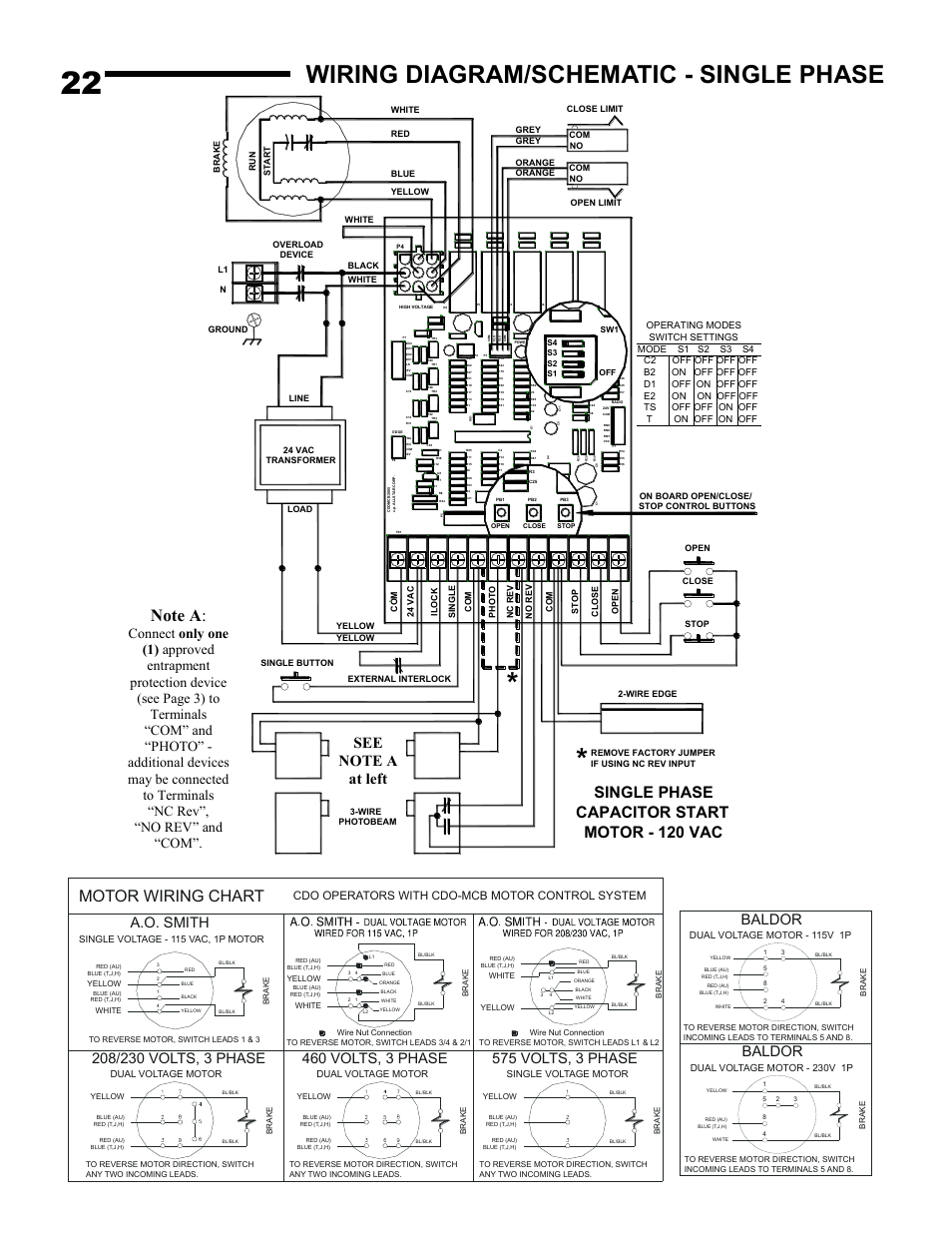 Wiring diagram/schematic - single phase, Motor wiring chart, Single phase capacitor start motor - 120 vac | 575 volts, 3 phase, A.o. smith, Baldor, Cdo operators with cdo-mcb motor control system | Linear J-S User Manual | Page 22 / 26