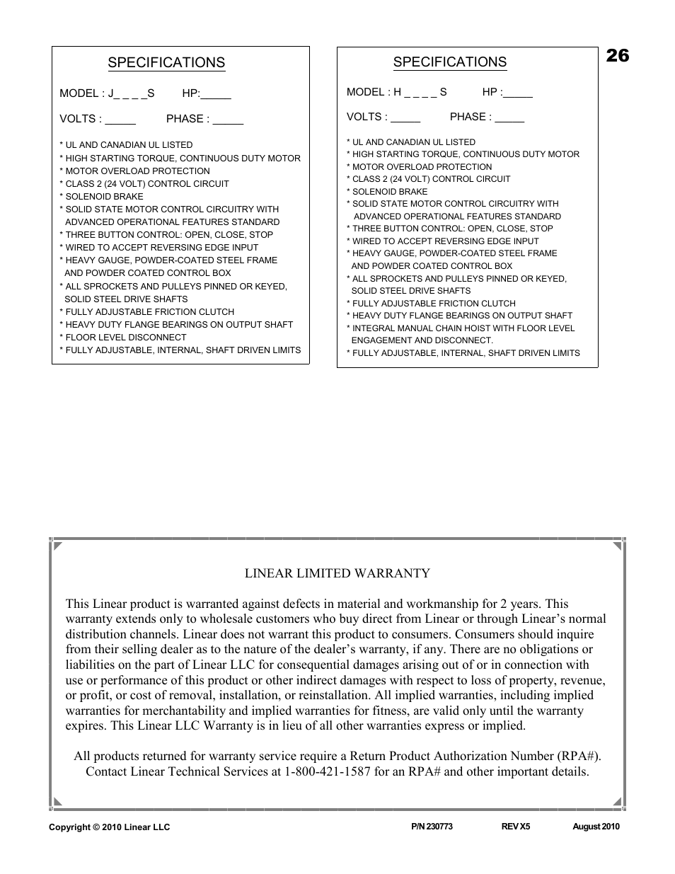 Specifications | Linear J-S User Manual | Page 26 / 26