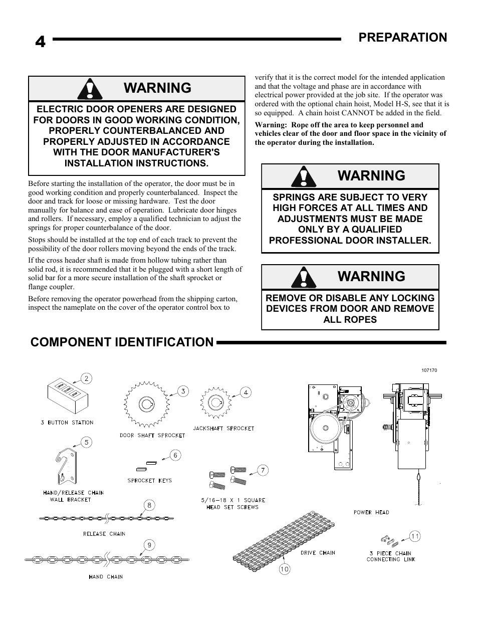 Warning, Component identification, Preparation | Linear J-S User Manual | Page 4 / 26