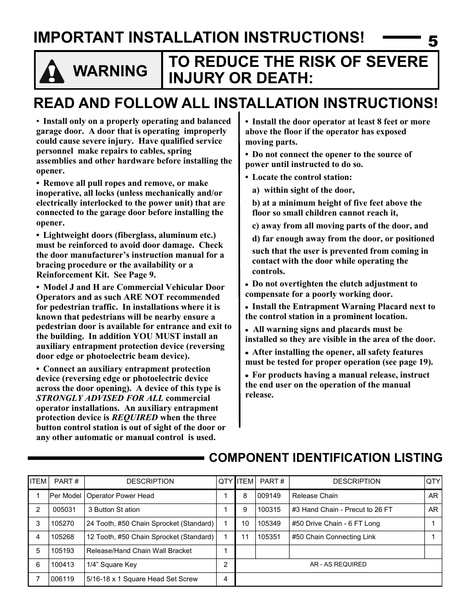 Warning, 5important installation instructions, Read and follow all installation instructions | Component identification listing | Linear J-S User Manual | Page 5 / 26