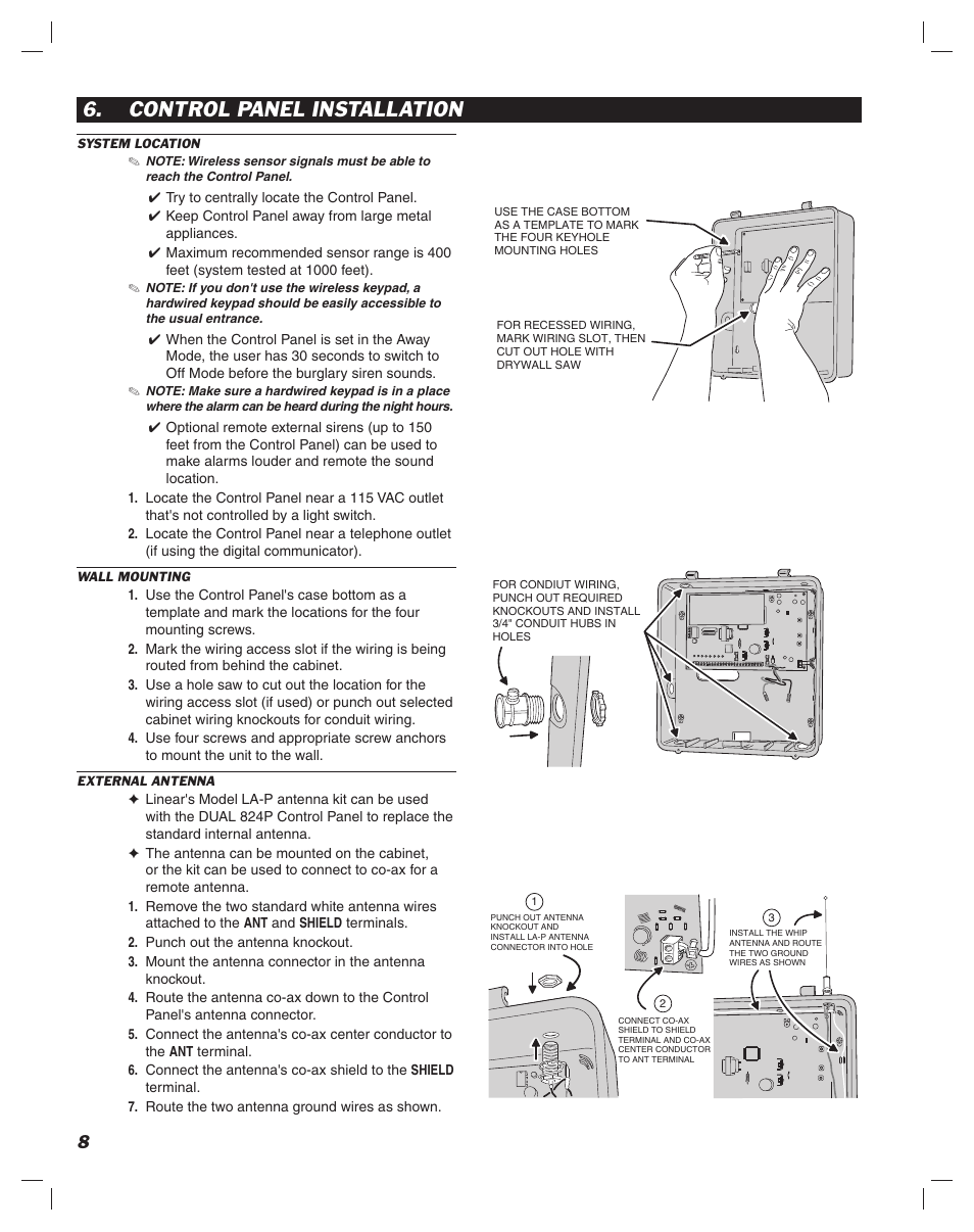 Control panel installation | Linear DUAL 824 User Manual | Page 10 / 48