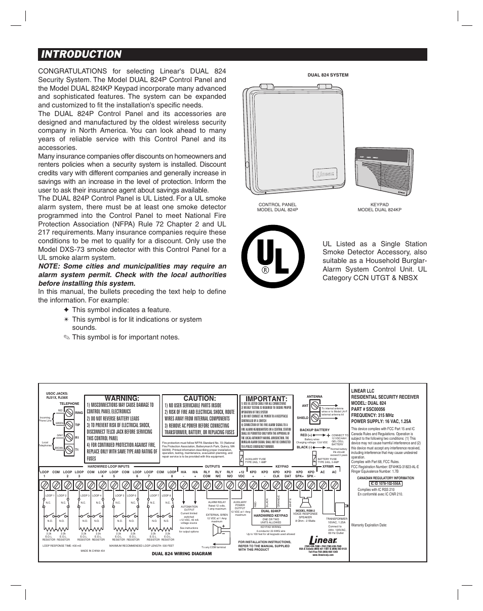 Introduction, Warning, Caution: important | Linear DUAL 824 User Manual | Page 2 / 48
