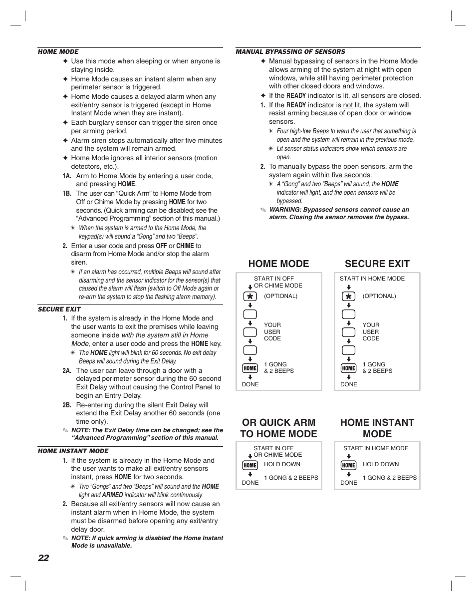 Home mode, Or quick arm to home mode, Secure exit | Home instant mode | Linear DUAL 824 User Manual | Page 24 / 48
