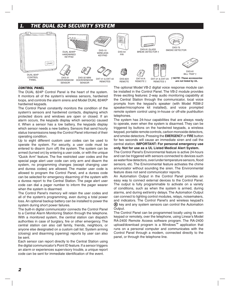 The dual 824 security system | Linear DUAL 824 User Manual | Page 4 / 48