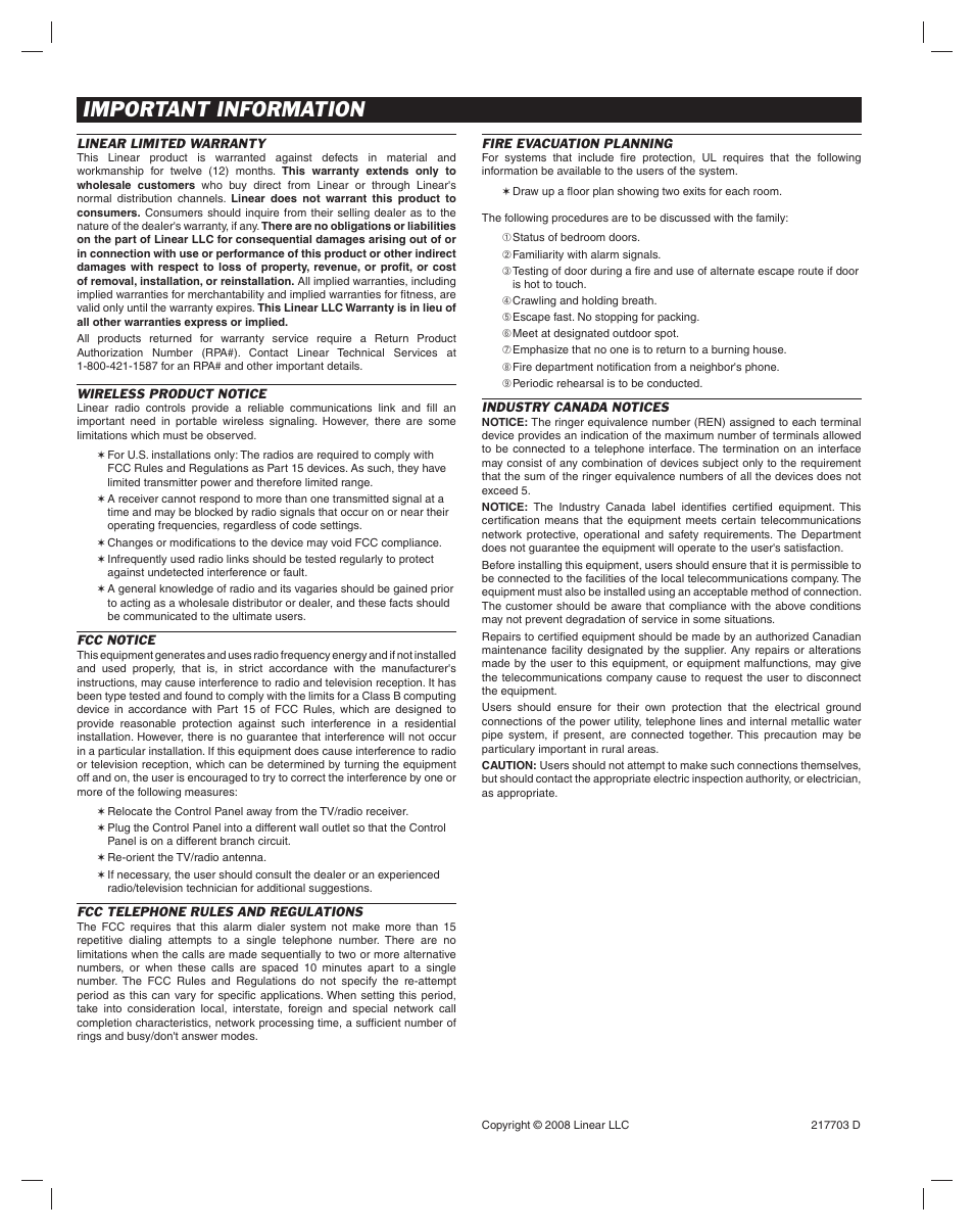 Important information | Linear DUAL 824 User Manual | Page 48 / 48