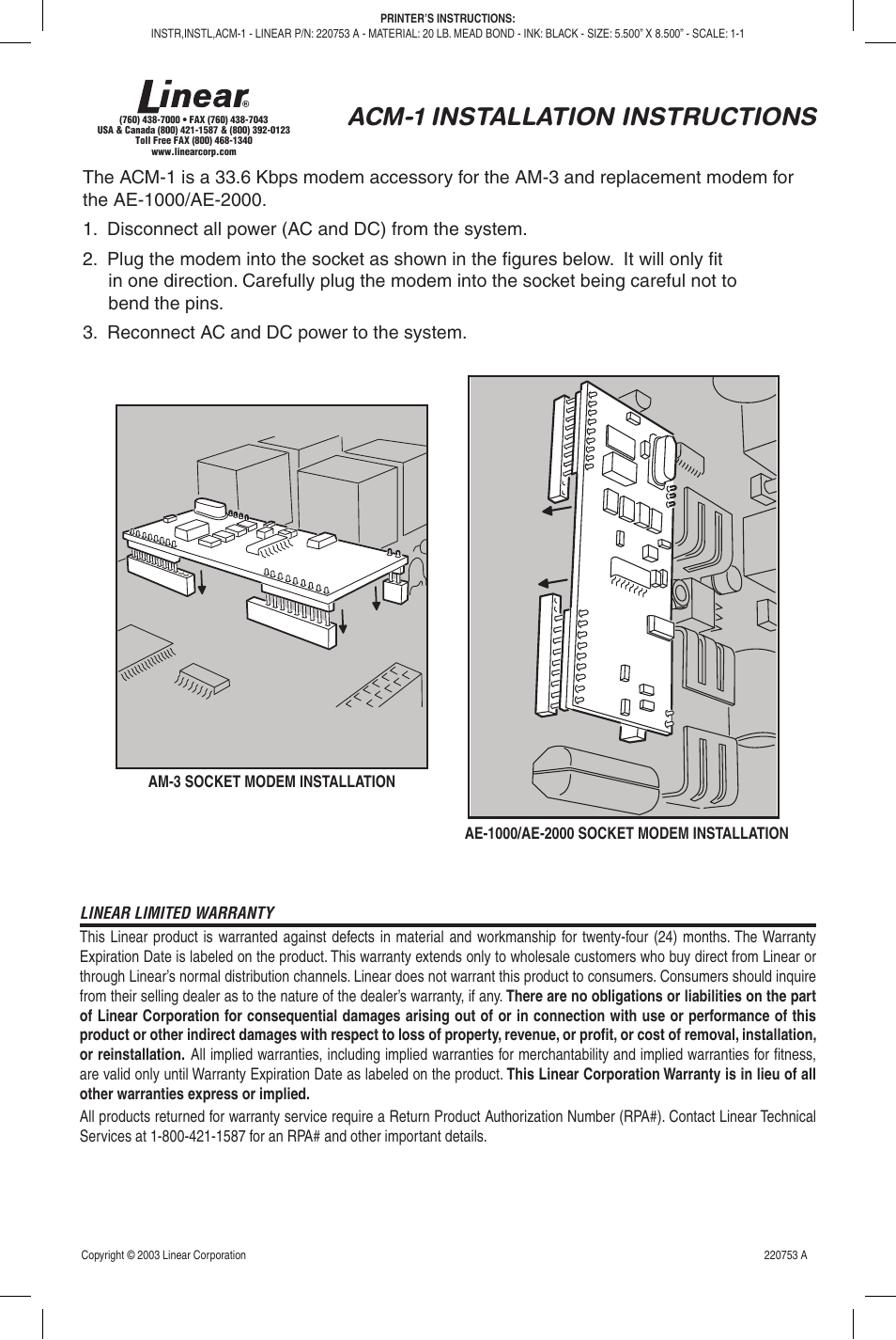 Linear ACM-1 User Manual | 1 page