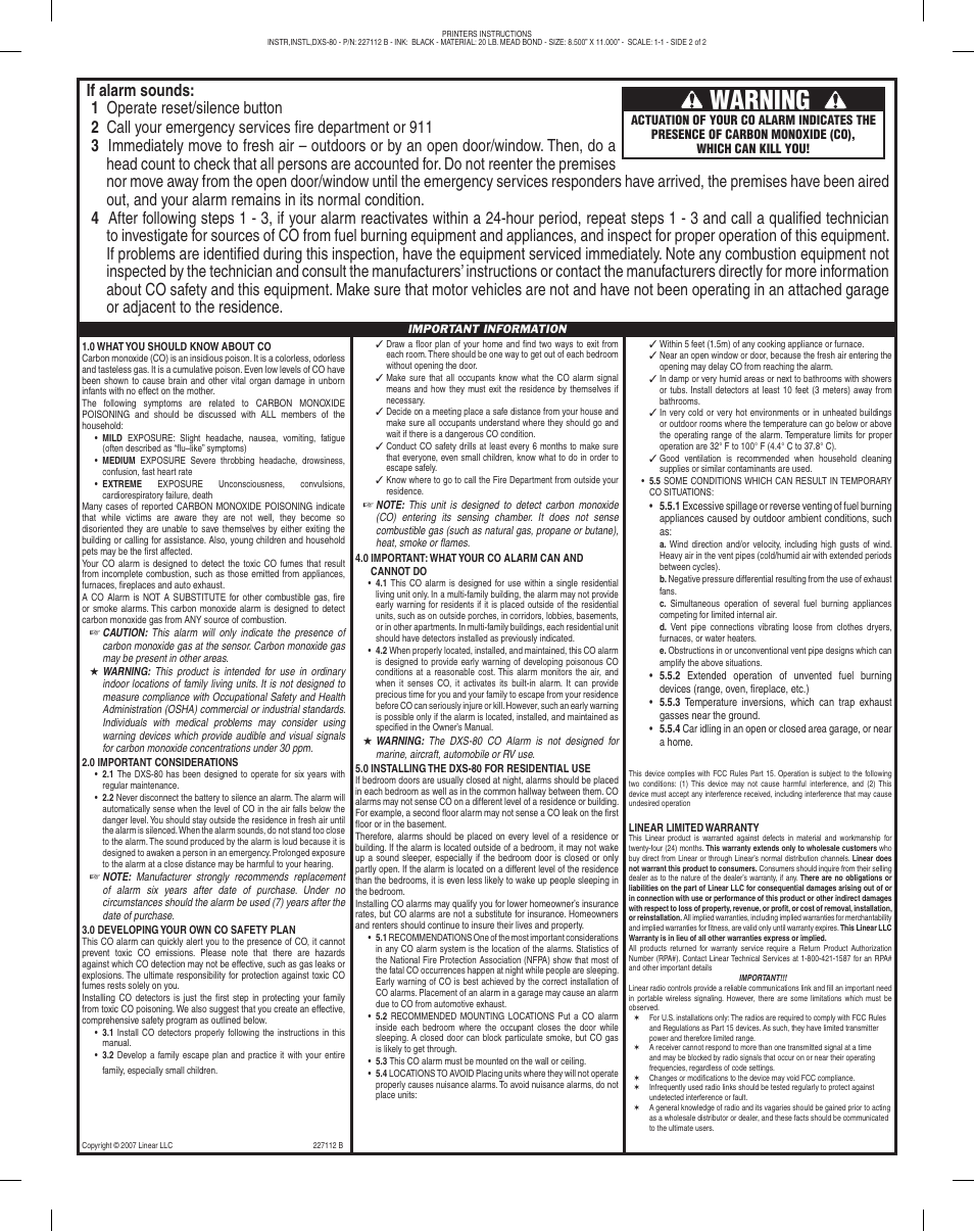 Warning | Linear DXS-80 User Manual | Page 2 / 2