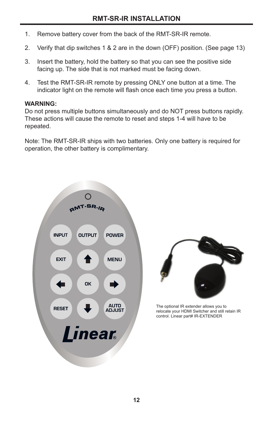 Rmt-sr-ir installation | Linear High Definition A/V Scaler for HDMI SCALER-2-1080P User Manual | Page 16 / 24