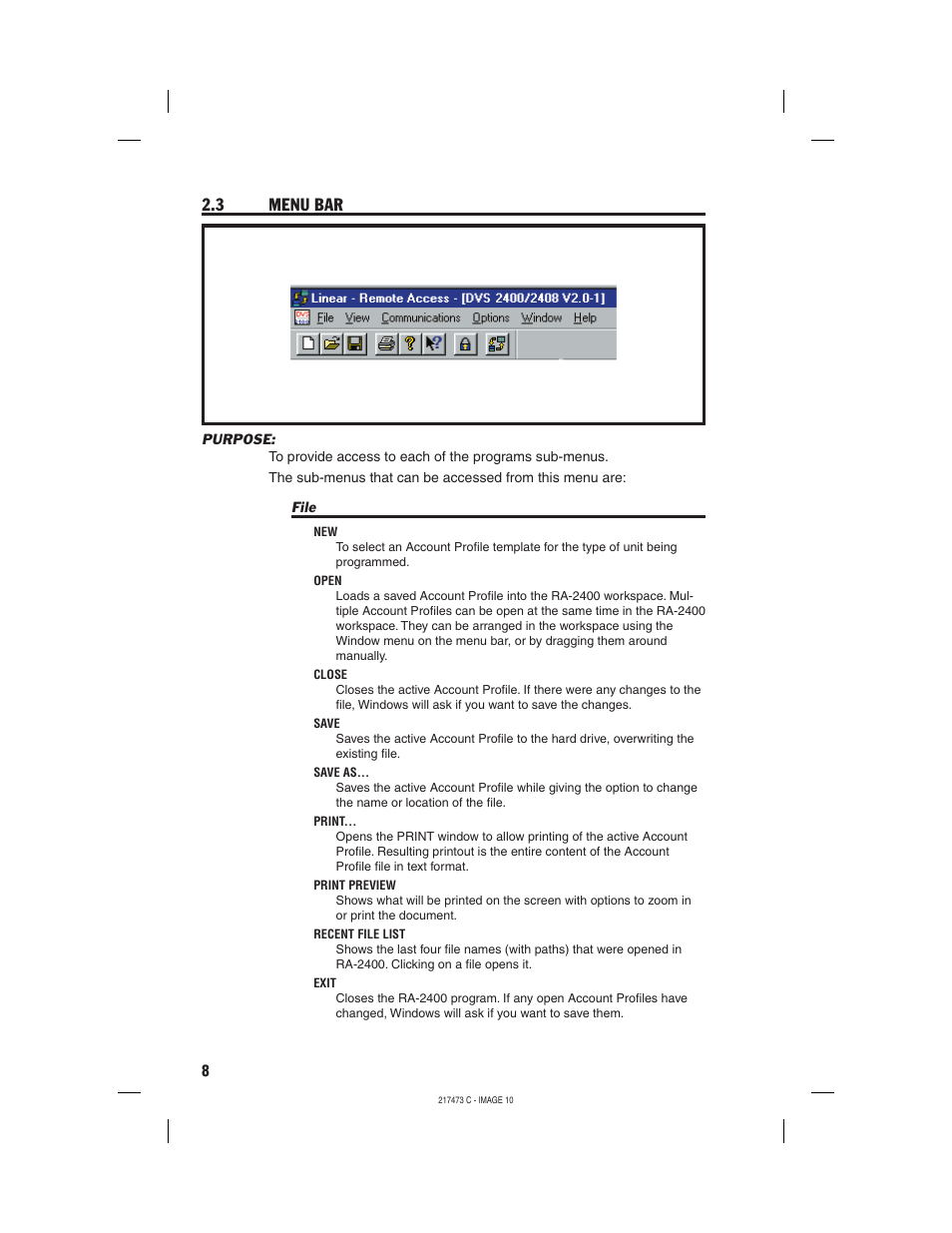 3 menu bar | Linear REMOTE ACCESS SOFTWARE DVS-1200 User Manual | Page 10 / 48
