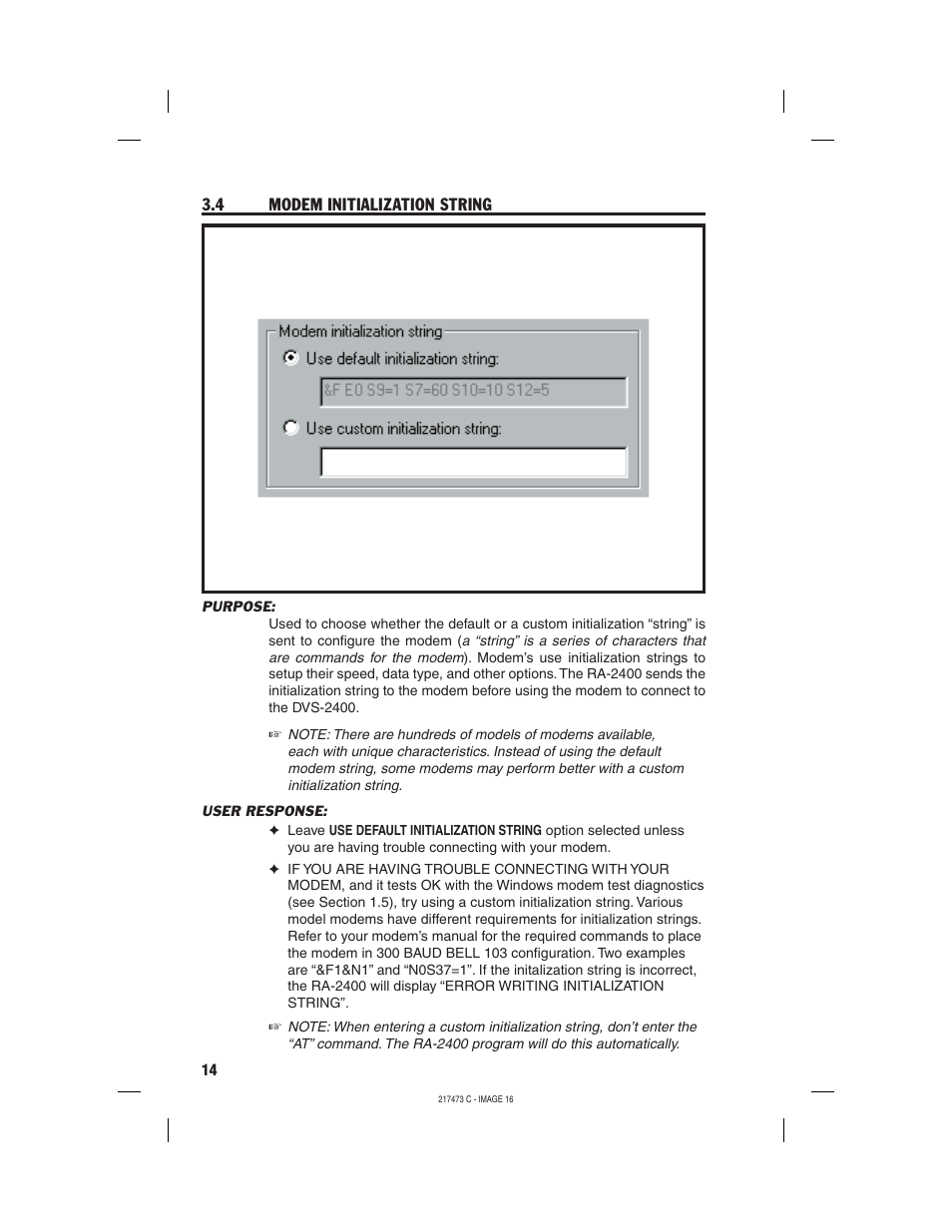 4 modem initialization string | Linear REMOTE ACCESS SOFTWARE DVS-1200 User Manual | Page 16 / 48