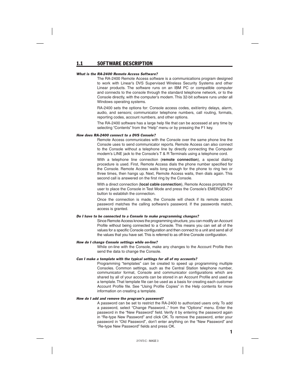 1 software description | Linear REMOTE ACCESS SOFTWARE DVS-1200 User Manual | Page 3 / 48