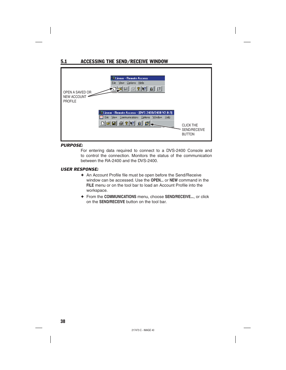 1 accessing the send/receive window | Linear REMOTE ACCESS SOFTWARE DVS-1200 User Manual | Page 40 / 48
