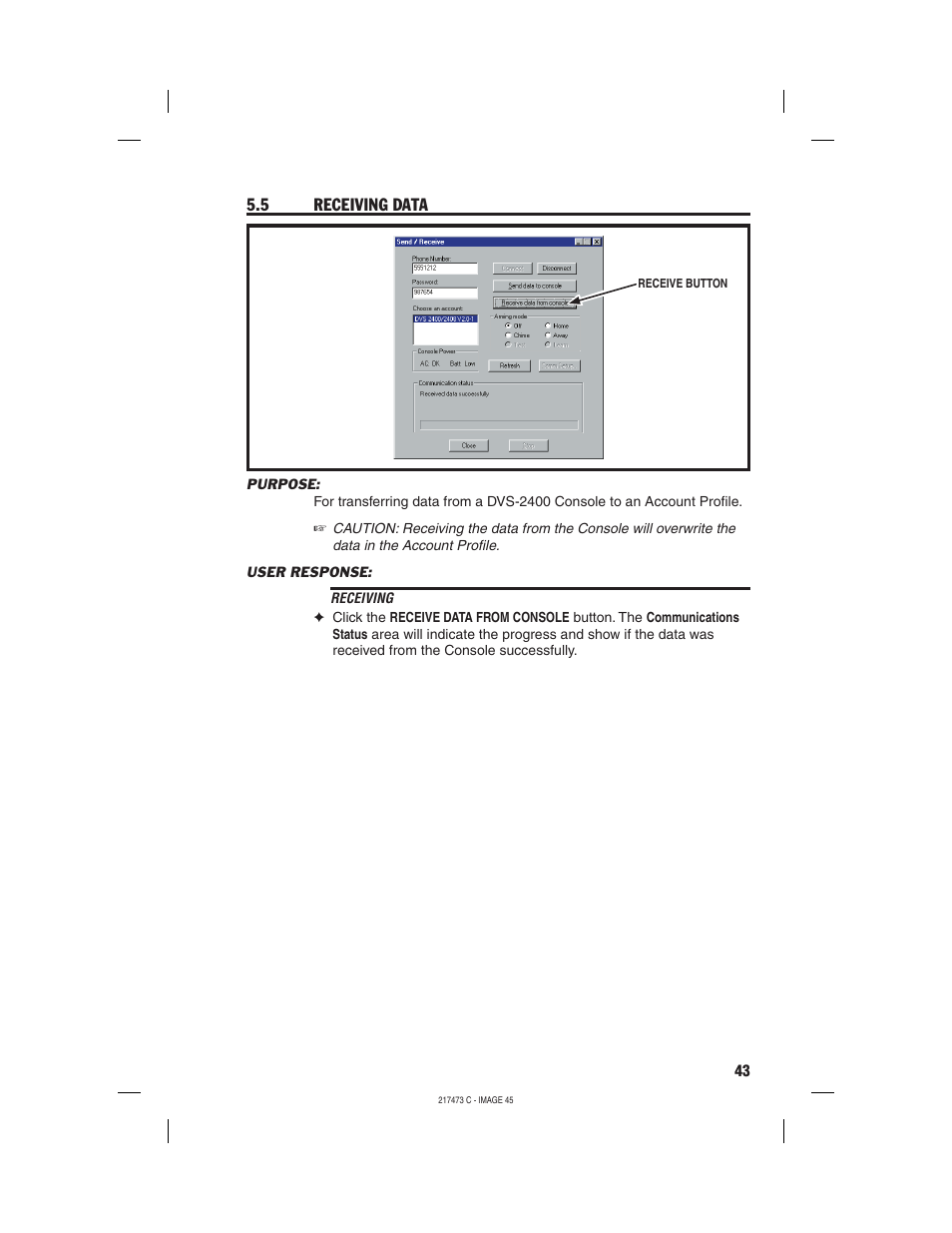 5 receiving data | Linear REMOTE ACCESS SOFTWARE DVS-1200 User Manual | Page 45 / 48