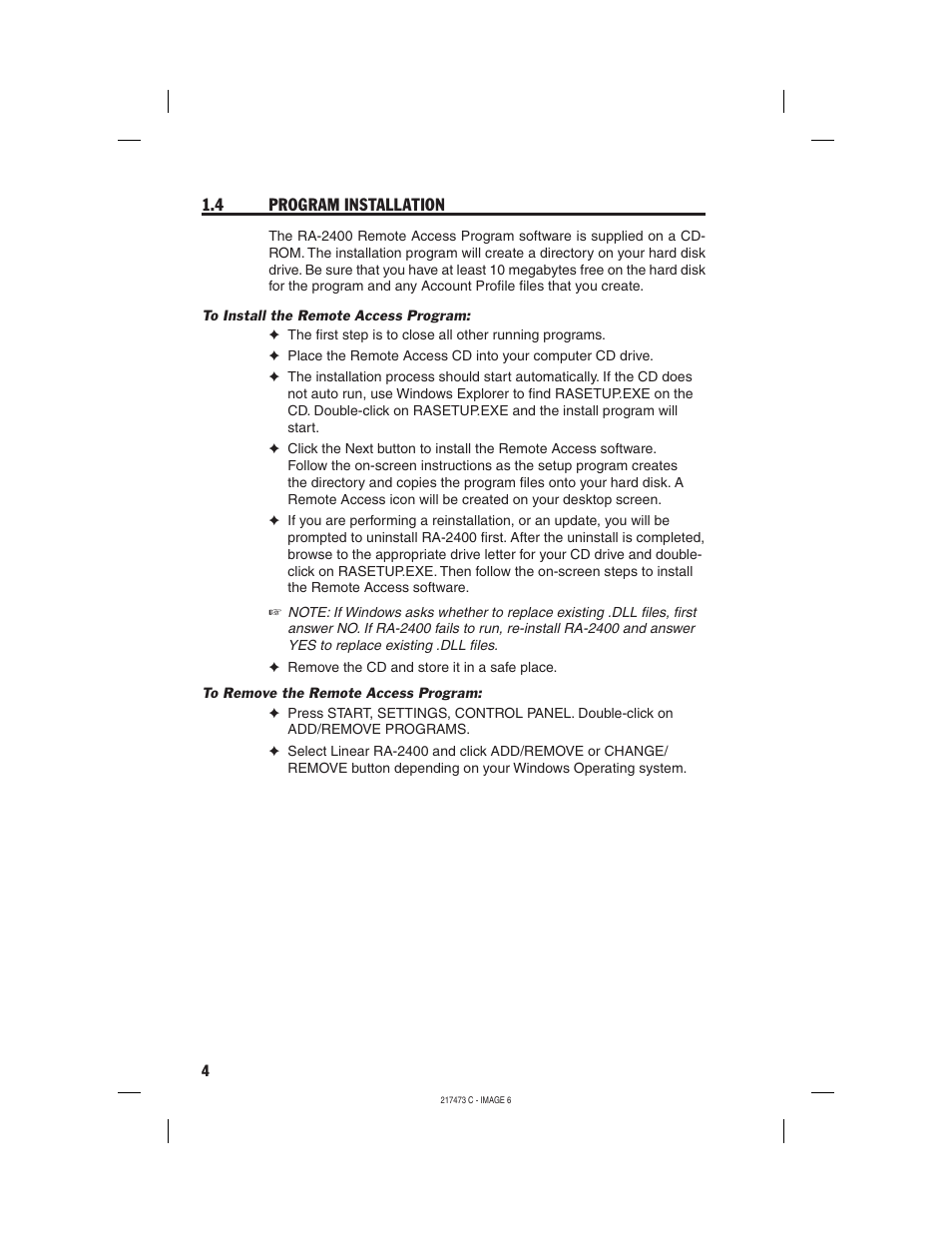 4 program installation | Linear REMOTE ACCESS SOFTWARE DVS-1200 User Manual | Page 6 / 48