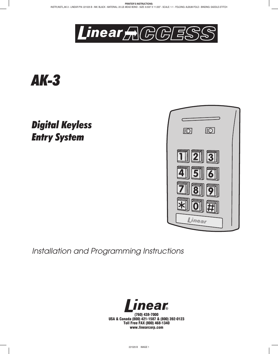 Linear Digital Keyless Entry System AK-3 User Manual | 8 pages