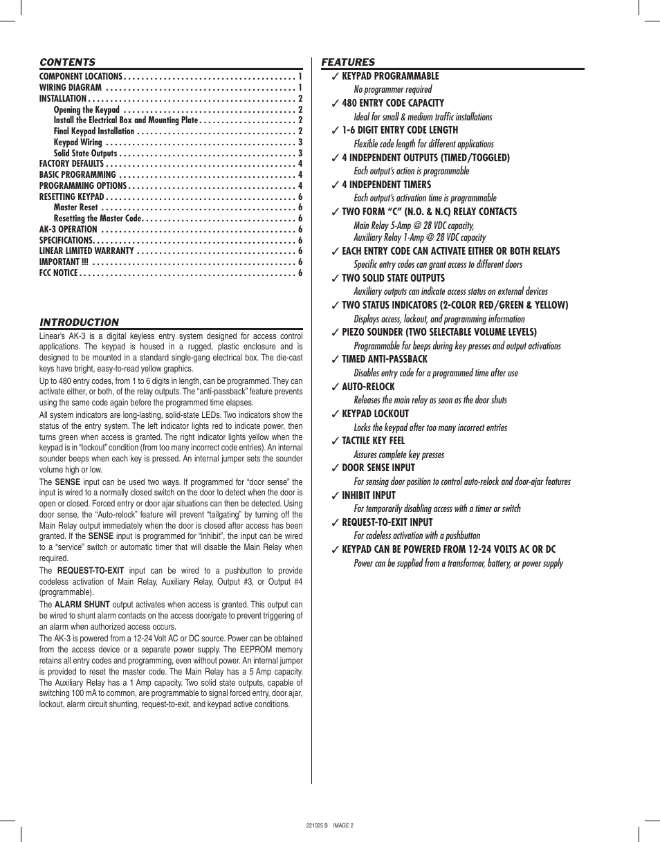 Linear Digital Keyless Entry System AK-3 User Manual | Page 2 / 8