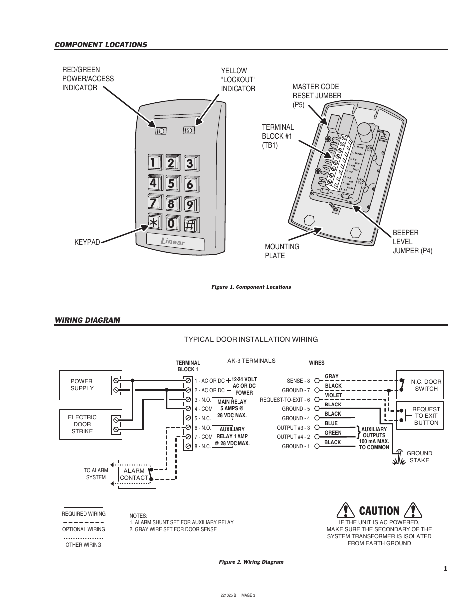 Caution, Component locations wiring diagram | Linear Digital Keyless Entry System AK-3 User Manual | Page 3 / 8