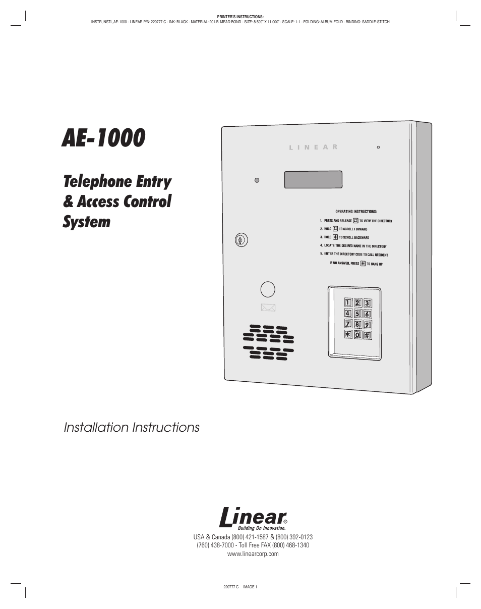 Linear AE-1000 User Manual | 20 pages