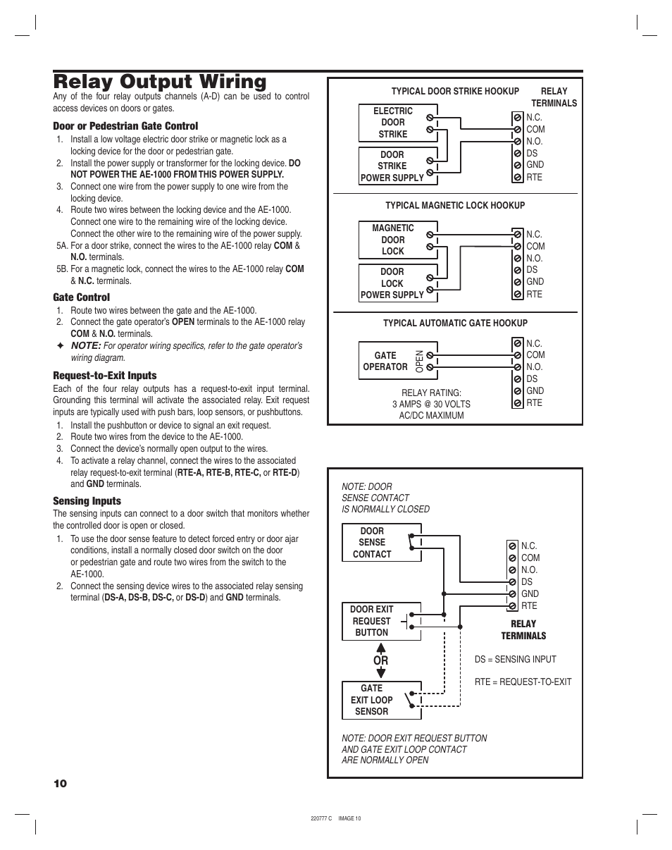 Relay output wiring | Linear AE-1000 User Manual | Page 10 / 20