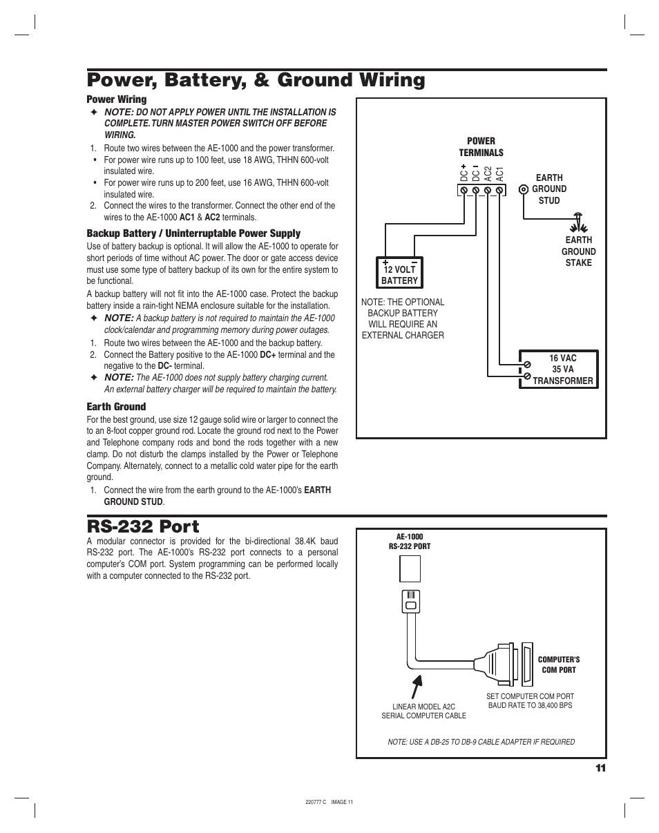 Power, battery, & ground wiring, Rs-232 port | Linear AE-1000 User Manual | Page 11 / 20