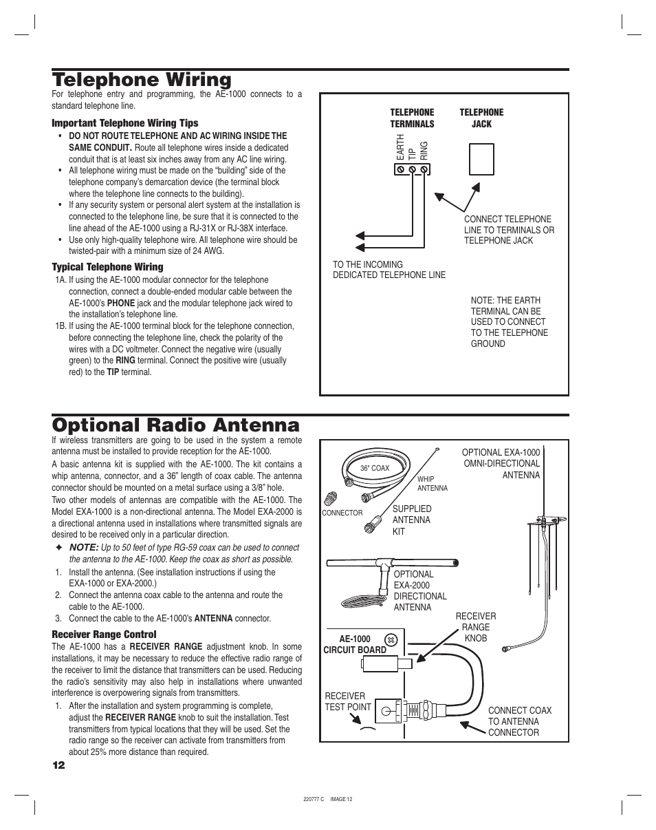 Telephone wiring, Optional radio antenna | Linear AE-1000 User Manual | Page 12 / 20
