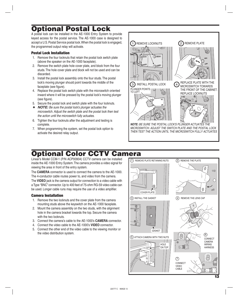 Optional color cctv camera, Optional postal lock, Camera installation | Postal lock installation | Linear AE-1000 User Manual | Page 13 / 20