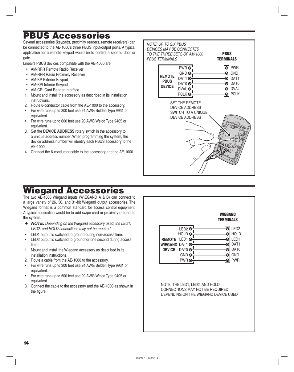 Pbus accessories, Wiegand accessories | Linear AE-1000 User Manual | Page 14 / 20