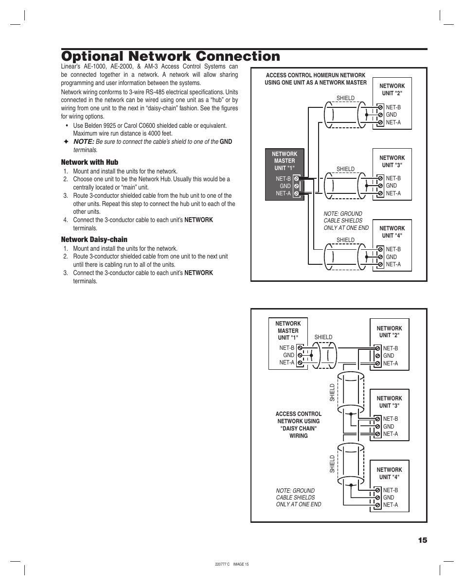 Optional network connection, Network with hub, Network daisy-chain | Linear AE-1000 User Manual | Page 15 / 20