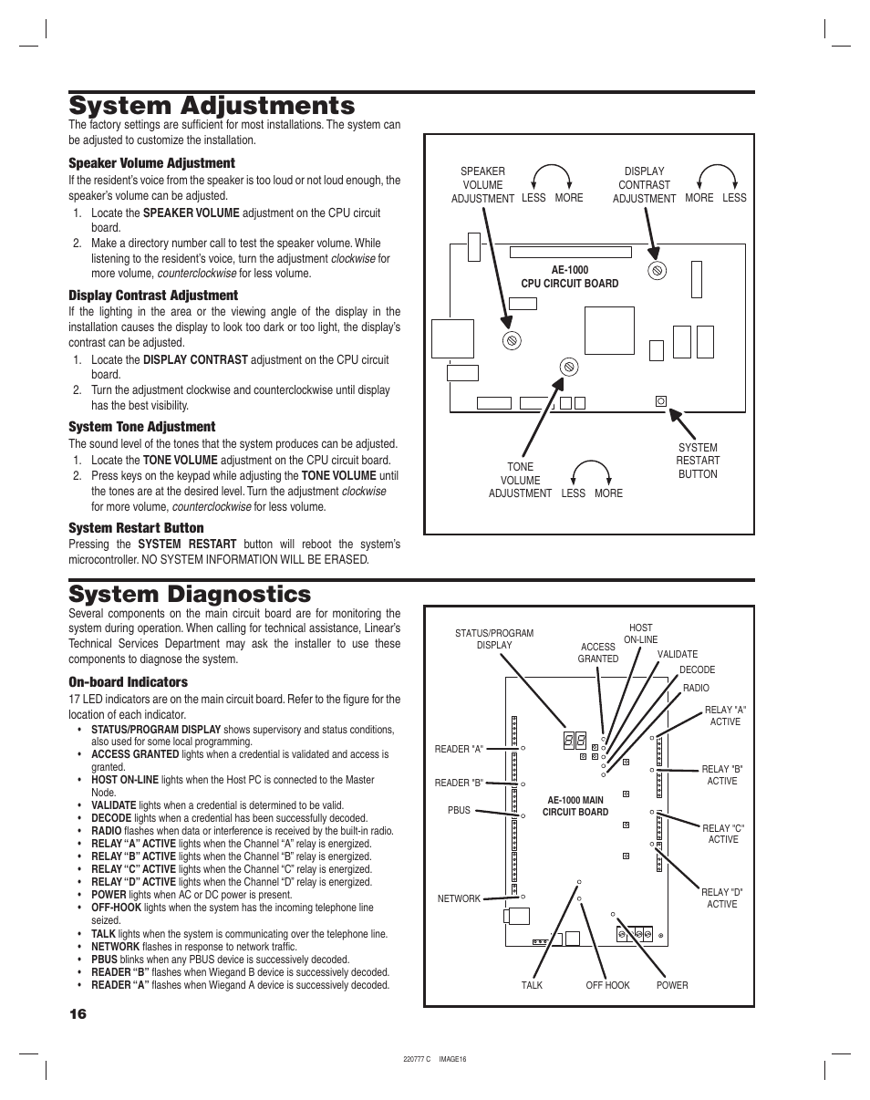 System adjustments, System diagnostics | Linear AE-1000 User Manual | Page 16 / 20