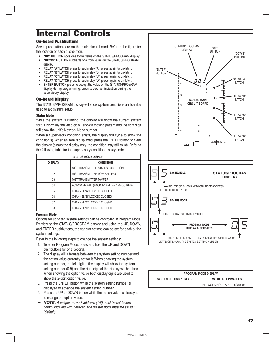 Internal controls, On-board pushbuttons, On-board display | Linear AE-1000 User Manual | Page 17 / 20