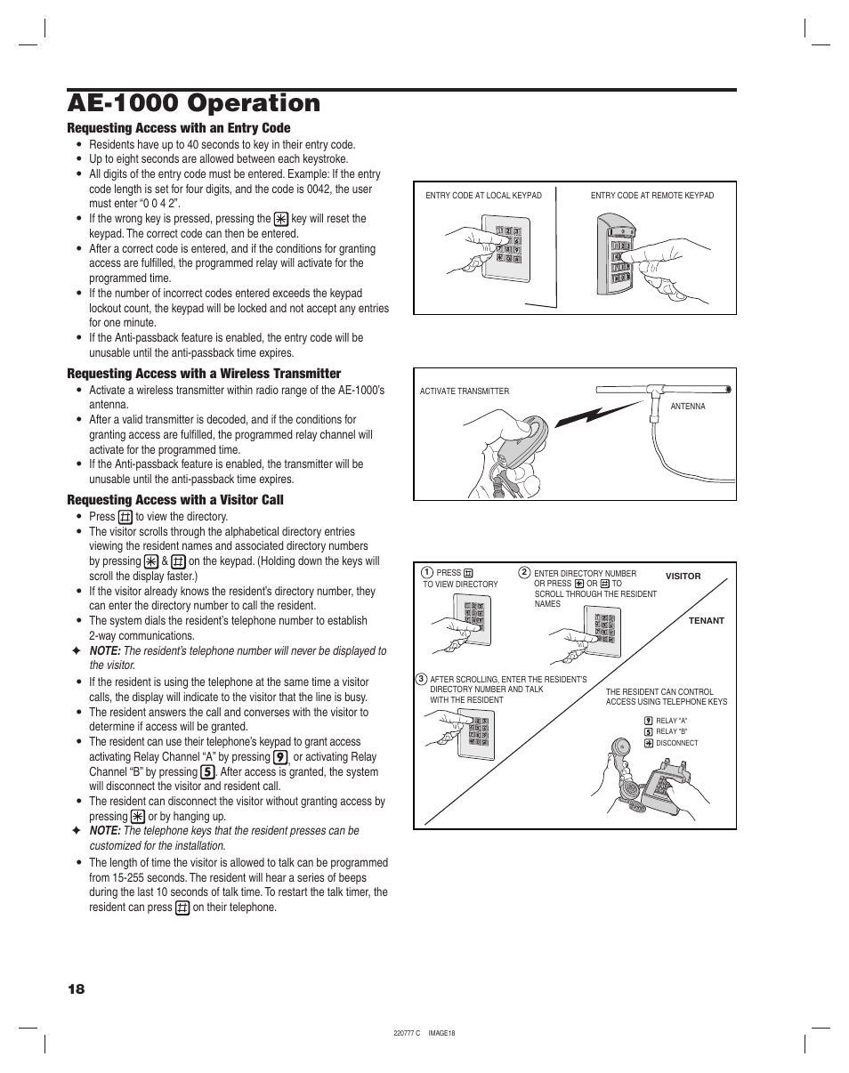 Ae-1000 operation, Requesting access with an entry code, Requesting access with a wireless transmitter | Requesting access with a visitor call | Linear AE-1000 User Manual | Page 18 / 20