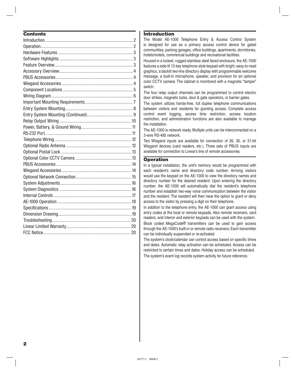 Linear AE-1000 User Manual | Page 2 / 20