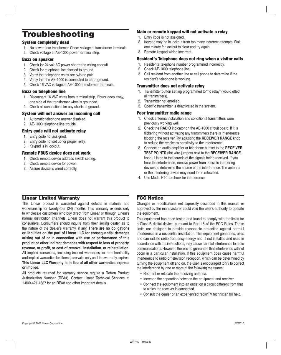 Troubleshooting | Linear AE-1000 User Manual | Page 20 / 20