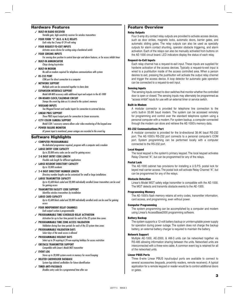 Hardware features, Software highlights, Feature overview | Linear AE-1000 User Manual | Page 3 / 20