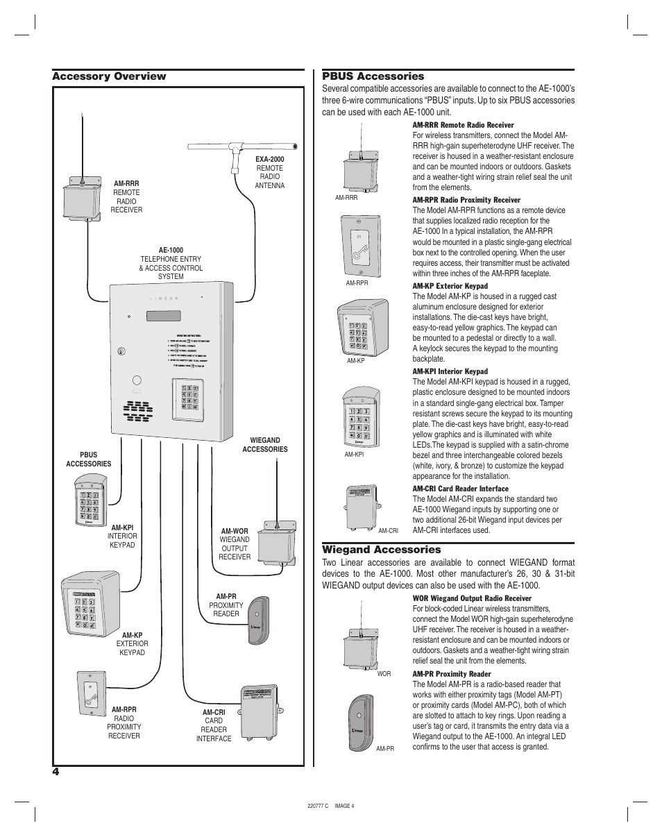 4accessory overview pbus accessories, Wiegand accessories | Linear AE-1000 User Manual | Page 4 / 20