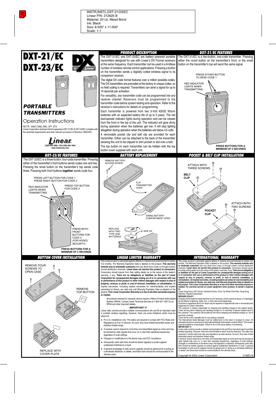 Linear DXT-23/EC User Manual | 1 page