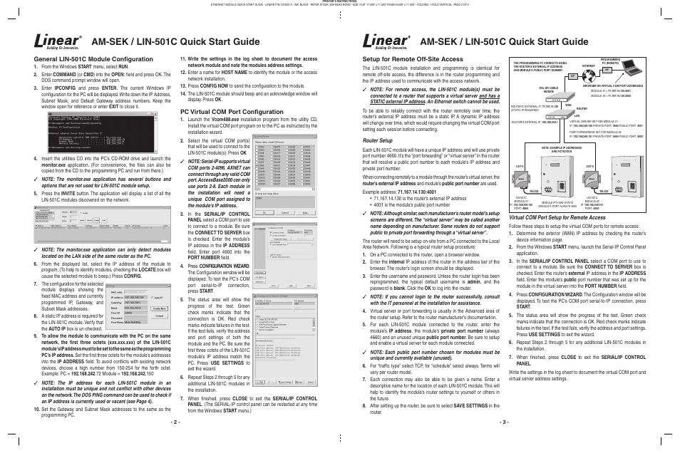 Am-sek / lin-501c quick start guide, General lin-501c module configuration, Pc virtual com port configuration | Setup for remote off-site access | Linear LIN-501C User Manual | Page 2 / 2