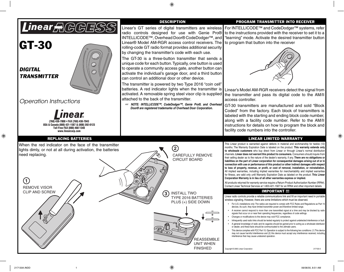 Linear DIGITAL TRANSMITTER GT-30 User Manual | 1 page