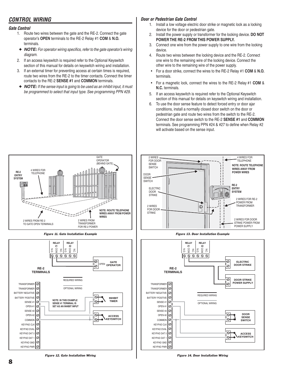 Control wiring, Gate control, Door or pedestrian gate control | Linear RE-2 User Manual | Page 10 / 28