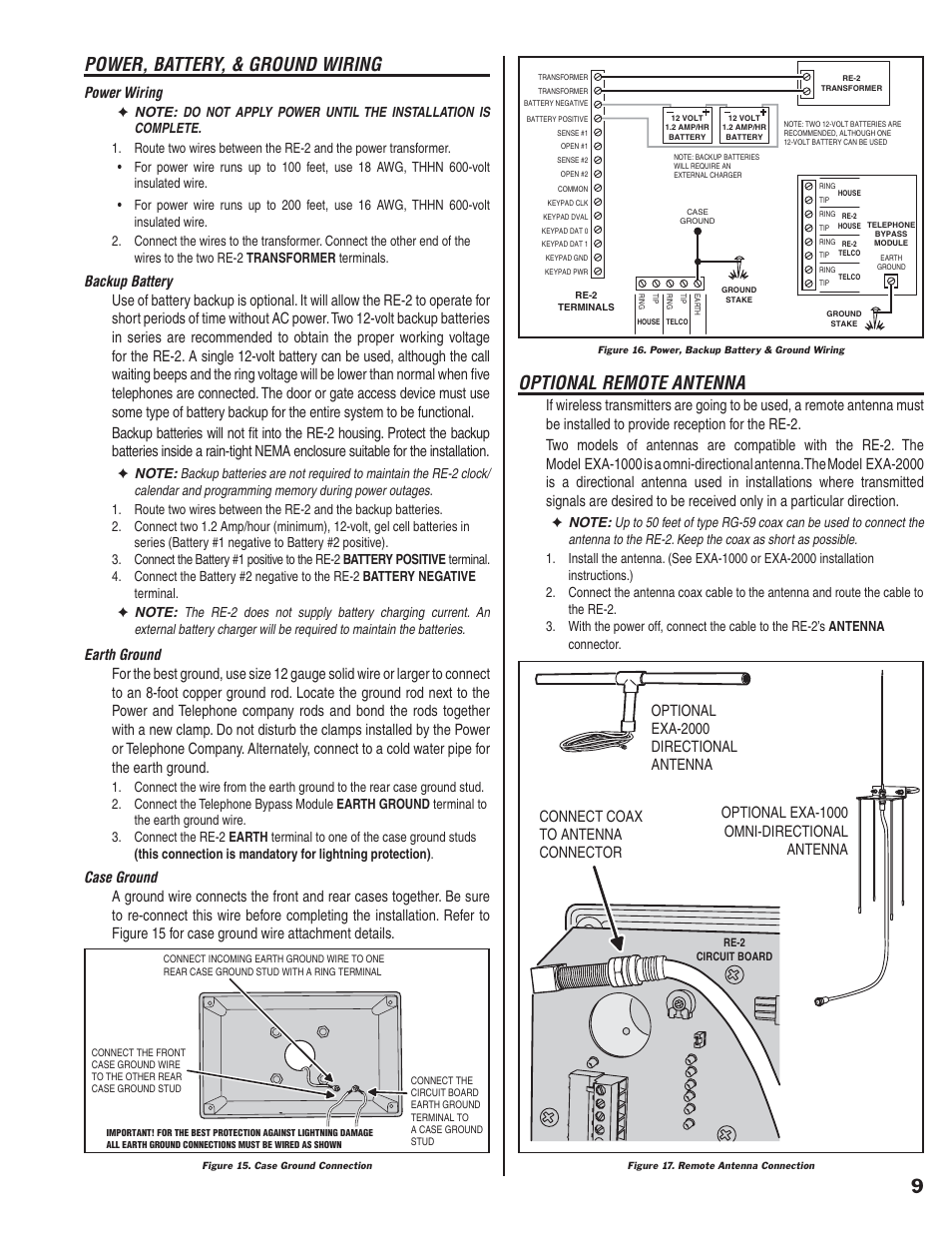 Power, battery, & ground wiring, Optional remote antenna, Power wiring | Connect coax to antenna connector | Linear RE-2 User Manual | Page 11 / 28