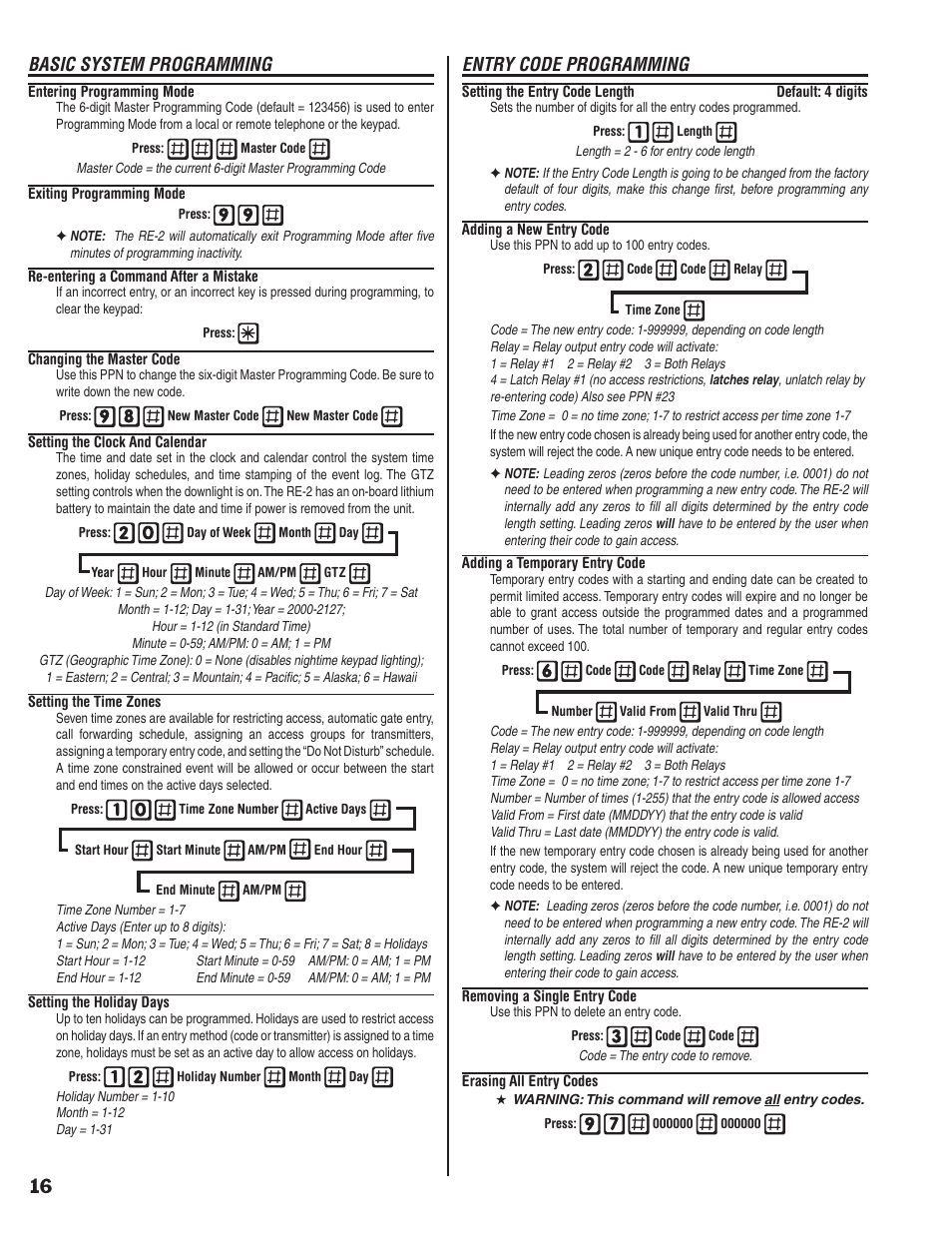 Basic system programming, Entry code programming | Linear RE-2 User Manual | Page 18 / 28