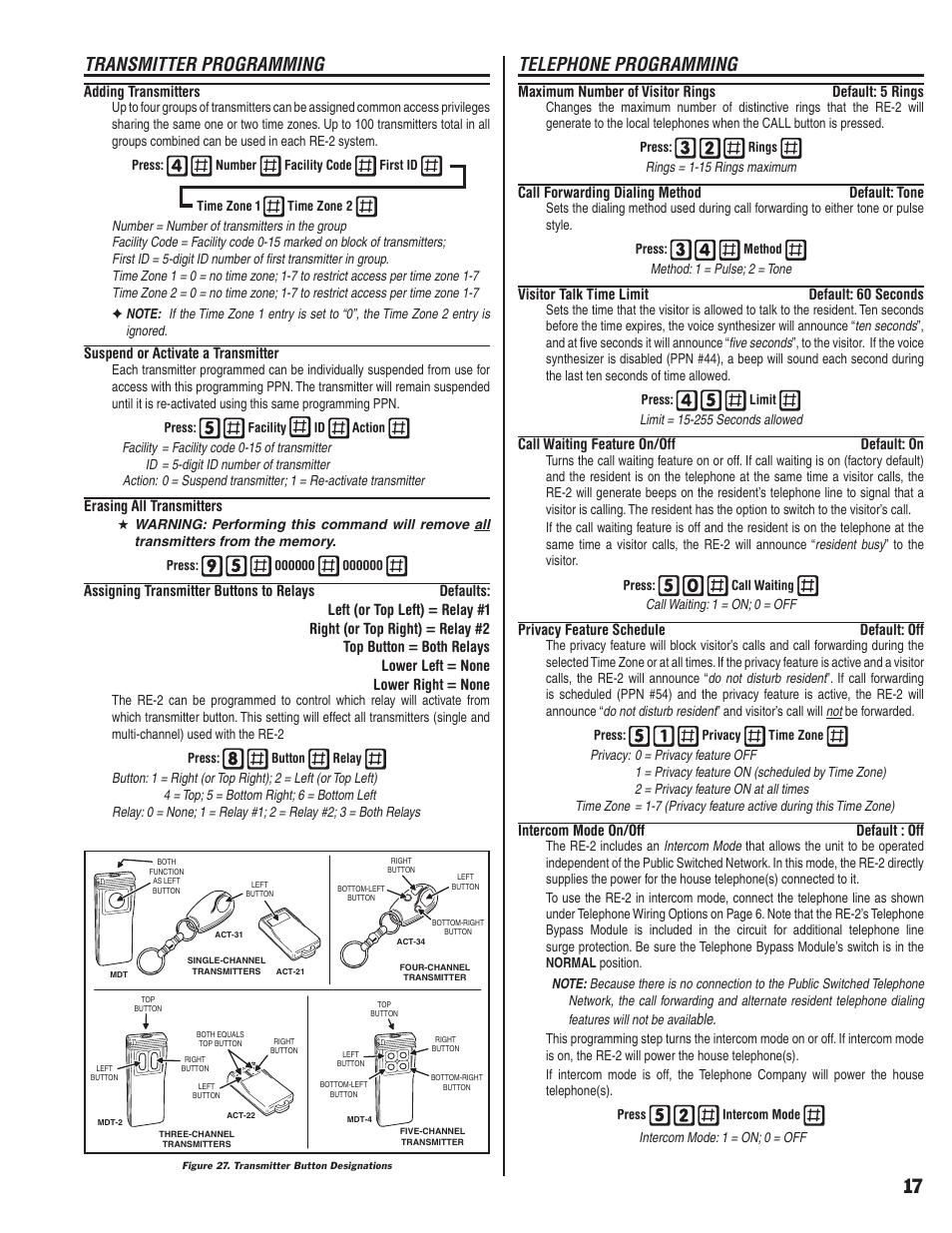 Transmitter programming, Telephone programming | Linear RE-2 User Manual | Page 19 / 28