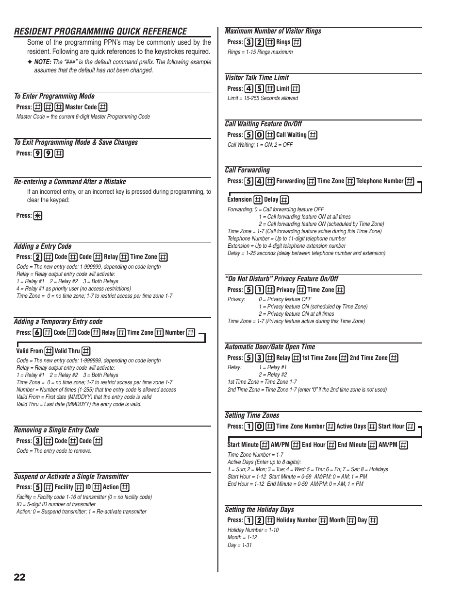 Resident programming quick reference | Linear RE-2 User Manual | Page 24 / 28