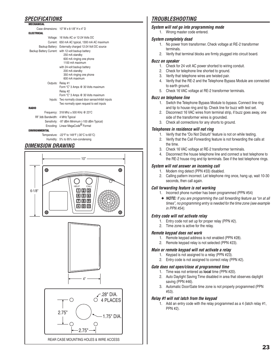 Specifications, Dimension drawing, Troubleshooting | Linear RE-2 User Manual | Page 25 / 28