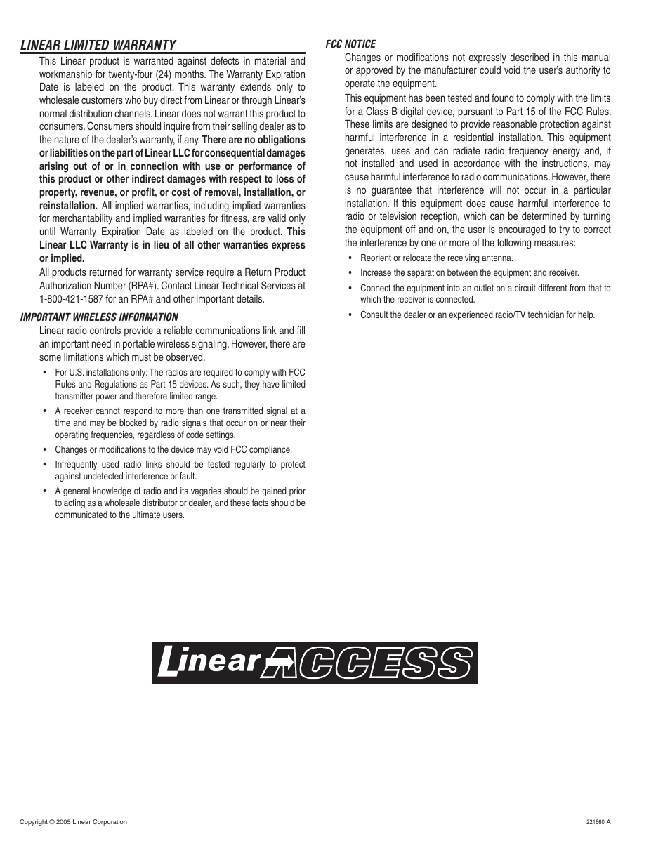 Linear limited warranty | Linear RE-2 User Manual | Page 28 / 28